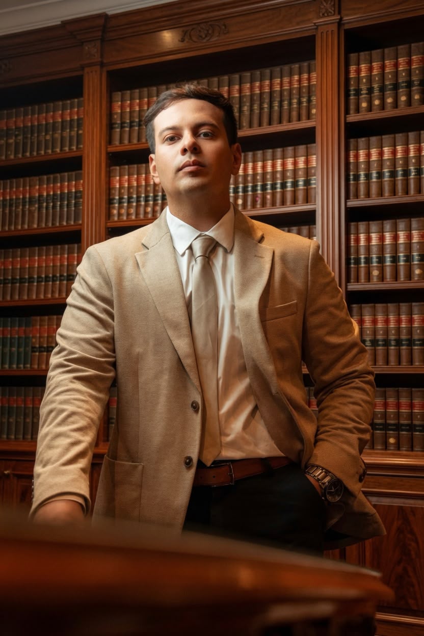 El Dr. Juan Guerrero frente a la biblioteca juridica del estudio